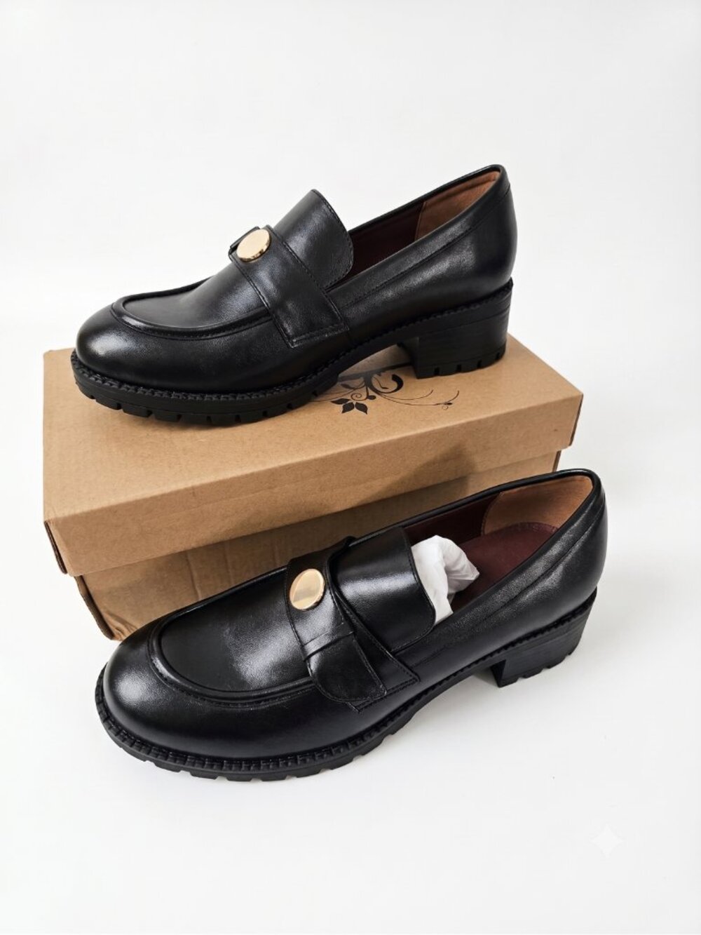 New Black Faux Leather Lug Sole Chunky Heel Platform Loafers 9